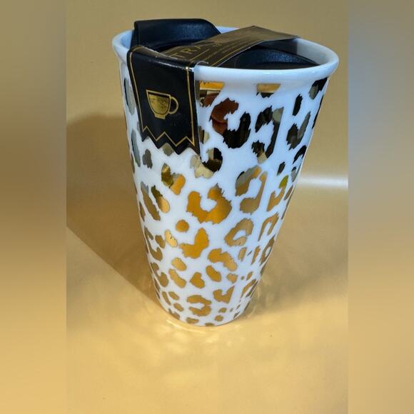 Glass Travel Mug White Mug with Shiny Gold Cheetah Print 12oz NWT - Picture 1 of 3